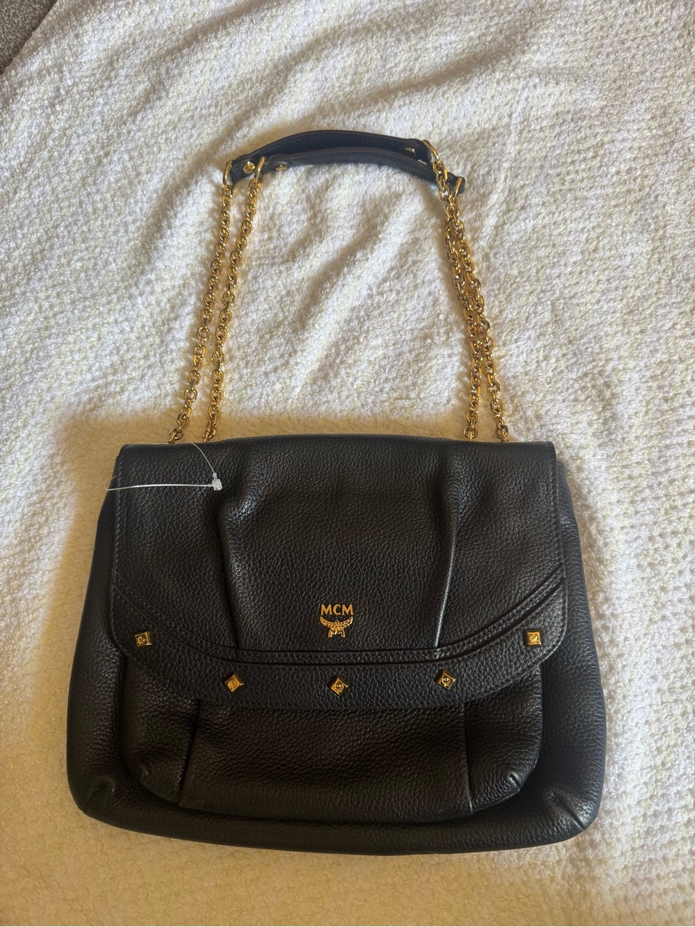 MCM Black Pebbled Leather Shoulder Bag with Gold Chain